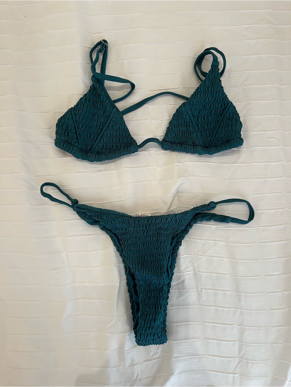 Smocked Teal String Bikini - Two Piece Swimwear TEAL BLUE GREEN size small